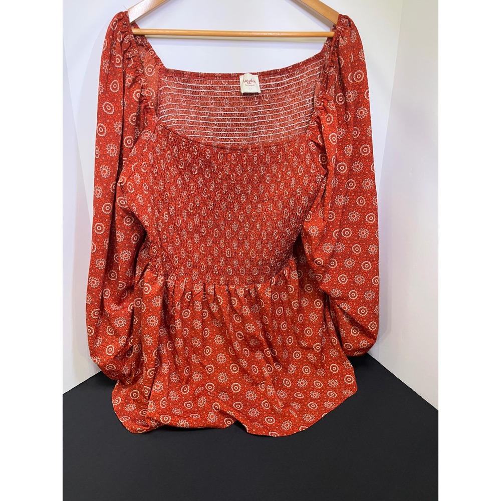 Hayden Los Angeles Rust Red Floral Smocked Peplum Top 2X Long Balloon Sleeve